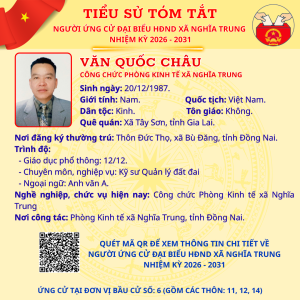 TÓM TẮT TIỂU SỬ NGƯỜI ỨNG CỬ ĐẠI BIỂU HĐND XÃ NGHĨA TRUNG NHIỆM KỲ 2026 - 2031 VĂN QUỐC CHÂU