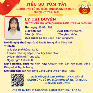 TÓM TẮT TIỂU SỬ NGƯỜI ỨNG CỬ ĐẠI BIỂU HĐND XÃ NGHĨA TRUNG NHIỆM KỲ 2026 - 2031 LÝ THỊ DUYÊN