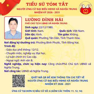 TÓM TẮT TIỂU SỬ NGƯỜI ỨNG CỬ ĐẠI BIỂU HĐND XÃ NGHĨA TRUNG NHIỆM KỲ 2026 - 2031 LƯỜNG ĐÌNH HẢI