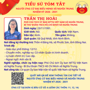 TÓM TẮT TIỂU SỬ NGƯỜI ỨNG CỬ ĐẠI BIỂU HĐND XÃ NGHĨA TRUNG NHIỆM KỲ 2026 - 2031 TRẦN THỊ HOÀI