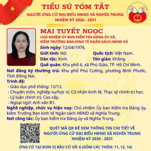 TÓM TẮT TIỂU SỬ NGƯỜI ỨNG CỬ ĐẠI BIỂU HĐND XÃ NGHĨA TRUNG NHIỆM KỲ 2026 - 2031 MAI TUYẾT NGỌC