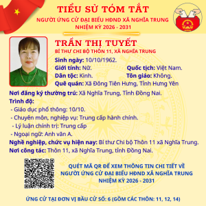 TÓM TẮT TIỂU SỬ NGƯỜI ỨNG CỬ ĐẠI BIỂU HĐND XÃ NGHĨA TRUNG NHIỆM KỲ 2026 - 2031 TRẦN THỊ TUYẾT