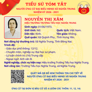 TÓM TẮT TIỂU SỬ NGƯỜI ỨNG CỬ ĐẠI BIỂU HĐND XÃ NGHĨA TRUNG NHIỆM KỲ 2026 - 2031 NGUYỄN THỊ XÂM