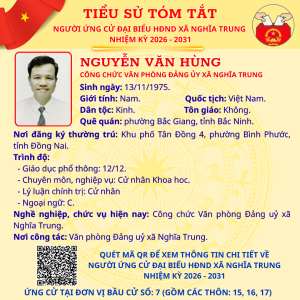 TÓM TẮT TIỂU SỬ NGƯỜI ỨNG CỬ ĐẠI BIỂU HĐND XÃ NGHĨA TRUNG NHIỆM KỲ 2026 - 2031 NGUYỄN VĂN HÙNG