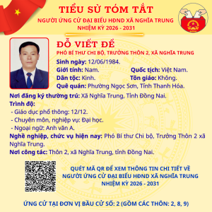 TÓM TẮT TIỂU SỬ NGƯỜI ỨNG CỬ ĐẠI BIỂU HĐND XÃ NGHĨA TRUNG NHIỆM KỲ 2026 - 2031 ĐỖ VIẾT ĐỀ