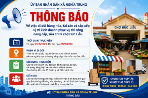 THÔNG BÁO về việc di dời hàng hóa, tài sản và sắp xếp vị trí kinh doanh phục vụ thi công nâng cấp, sửa chữa chợ Đức Liễu.