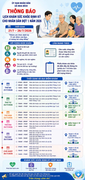 UBND xã Nha Bích thông báo lịch khám sức khỏe định kỳ cho nhân dân đợt 1 năm 2026