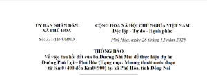 Thông báo về việc thu hồi đất tại xã Phú Hòa