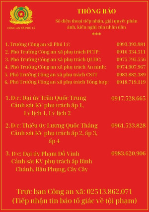 Công An xã Phú Lý thông báo