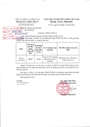 Thông báo lịch cắt điện 10/12/2025