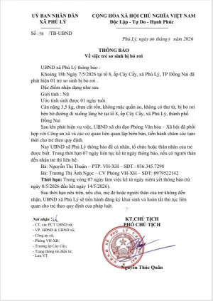 THÔNG BÁO  Về việc trẻ sơ sinh bị bỏ rơi