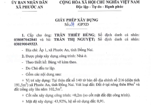 Cấp phép xây dựng cho ông Trần Thiết Hùng và bà Trần Thị Nguyệt