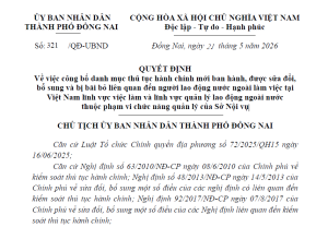 Quyết định về việc công bố danh mục thủ tục hành chính mới ban hành, được sửa đổi, bổ sung và bị bãi bỏ liên quan đến người lao động nước ngoài