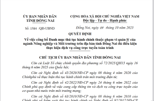 Công bố Danh mục thủ tục hành chính thuộc phạm vi quản lý của ngành Nông nghiệp và Môi trường trên địa bàn tỉnh Đồng Nai đủ điều kiện thực hiện dịch vụ công trực tuyến toàn trình