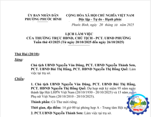 Lịch làm việc tuần thứ 43/2025