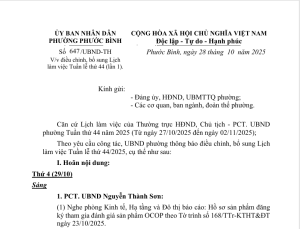 Thông báo bổ sung lịch làm việc Tuần thứ 44/2025 (lần 1)