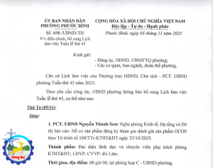 Thông báo bổ sung lịch làm việc Tuần thứ 45/2025 (lần 1)