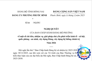 Nghị quyết của Ban Chấp hành Đảng bộ phường Phước Bình về một số chỉ tiêu, nhiệm vụ, giải pháp chủ yếu phát triển Kinh tế - Xã hội, Quốc phòng - An ninh, Xây dựng đảng, Xây dựng hệ thống chính trị năm 2026