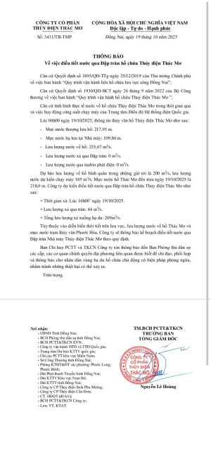 Thông báo về việc điều tiết nước qua Đập tràn hồ chứa nước Thủy điện Thác Mơ