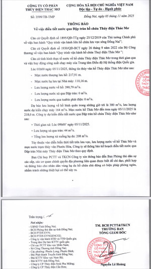 Thông báo về việc  điều tiết nước qua đập tràn Thủy điện Thác Mơ