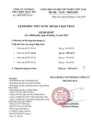 LỆNH ĐIỀU TIẾT NƯỚC HỒ QUA ĐẬP TRÀN