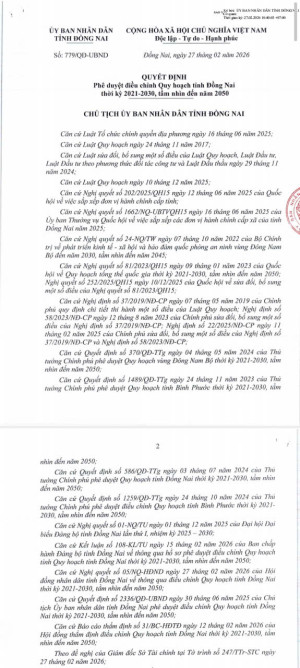 QUYẾT ĐỊNH  PHÊ DUYỆT ĐIỀU CHỈNH QUY HOẠCH TỈNH ĐỒNG NAI THỜI KỲ 2031- 2030, TẦM NHIỀN ĐẾN NĂM 2050