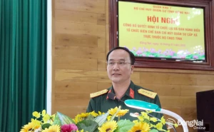 Đại tá Võ Thành Danh, Ủy viên Ban Thường vụ Tỉnh ủy, Chỉ huy trưởng Bộ Chỉ huy Quân sự tỉnh Đồng Nai phát biểu giao nhiệm vụ cho quân nhân chuyên nghiệp về thực hiệm nhiệm vụ tại các xã. Ảnh: Nguyệt Hà