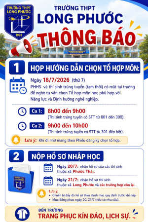 Thông báo kế hoạch tư vấn chọn tổ hợp môn và nộp hồ sơ nhập học tại Trường THPT Long Phước