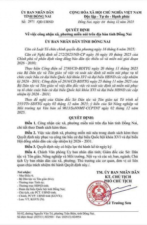 QUYẾT ĐỊNH CÔNG NHẬN XÃ, PHƯỜNG MIỀN NÚI TRÊN ĐỊA BÀN TỈNH ĐỒNG NAI