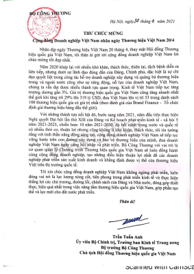 Thư chúc mừng cộng đồng Thư chúc mừng cộng đồng Doanh nghiệp Việt Nam nhân ngày Thương hiệu Việt Nam 20/4