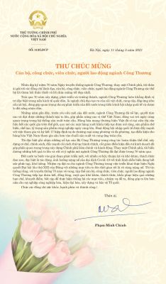 Thủ tướng Chính phủ gửi thư chúc mừng cán bộ, công chức, viên chức, người lao động ngành Công Thương