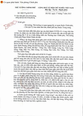 V/v Thực hiện giãn cách xã hội phòng, chống dịch tại một số địa phương