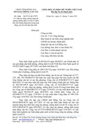 Về việc tiếp tục tăng cường thực hiện công tác phòng chống dịch Covid-19, đảm bảo lưu thông hàng hóa trong hoạt động vận tải.