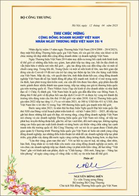 Thư chúc mừng ngày Thương hiệu Quốc gia 2023 (T)