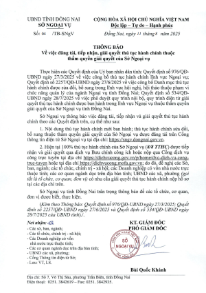 THÔNG BÁO Về việc đăng tải, tiếp nhận, giải quyết thủ tục hành chính thuộc thẩm quyền giải quyết của Sở Ngoại vụ