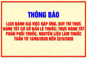 THÔNG BÁO Lịch đánh giá việc đáp ứng, duy trì thực hành tốt cơ sở bán lẻ thuốc; thực hành tốt phân phối thuốc, nguyên liệu làm thuốc tuần từ 18/05/2026 đến 22/5/2026
