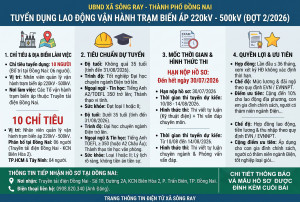 THÔNG BÁO VỀ VIỆC TUYỂN DỤNG LAO ĐỘNG QUẢN LÝ VẬN HÀNH TRẠM BIẾN ÁP ĐỢT 2/2026