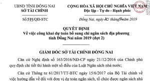 Quyết định công khai bổ sung chi NSĐP tỉnh ĐN năm 2019 đợt 2