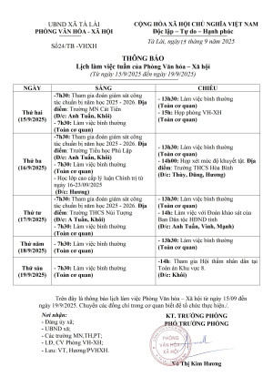 THÔNG BÁO LỊCH LÀM VIỆC TUẦN 3 THÁNG 9 CỦA PHÒNG VHXH signed