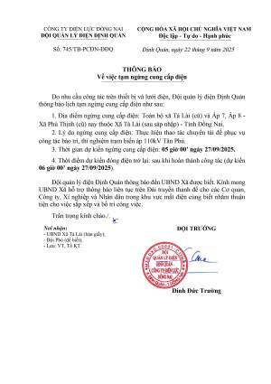Thông báo mất điện xã Tà Lài 27 09 2025