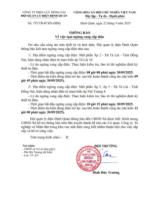 Thông báo mất điện Xã Tà Lài 30 9 2025