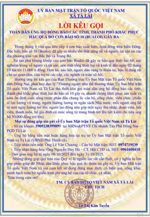 Lời kêu gọi của UB.MTTQ Việt Nam xã Tà Lài: Ủng hộ đồng bào do ảnh hưởng cơn bão số 10 gây ra