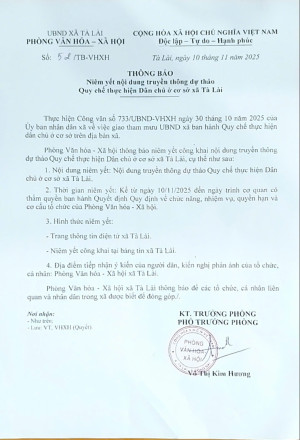 Thông báo Niểm yết truyền thông về Quyết định ban hành quy chế thực hiện dân chủ ở cơ sở xã Tà Lài