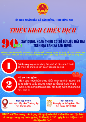 infographic - Thông báo về việc triển khai Chiến dịch 90 ngày xây dựng, hoàn thiện cơ sở dữ liệu đất đai trên địa bàn xã Tân Hưng
