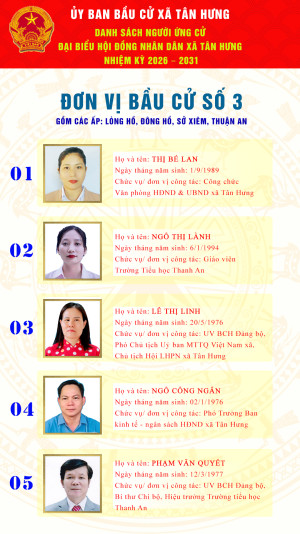 đơn vị bầu cử số 3 gồm các ấp Lòng Hồ, Đông hồ, Sở Xiêm, Thuận An.