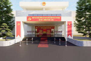 Hình ảnh trang trí trước Trụ sở UBND xã - nơi chuẩn bị diễn ra Đại hội đại biểu Đảng bộ xã Tân Khai lần thứ I, nhiệm kỳ 2025 - 2030.