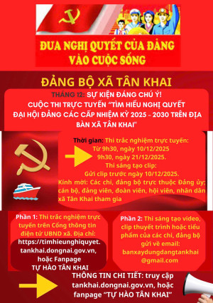 CUỘC THI TRỰC TUYẾN TÌM HIỂU NGHỊ QUYẾT ĐẠI HỘI ĐẢNG CÁC CẤP, NHIỆM KỲ 2025-2030  TRÊN ĐỊA BÀN XÃ TÂN KHAI