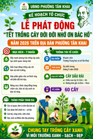 TÂN KHAI SẼ TRỒNG 60 CÂY XANH NHÂN LỄ PHÁT ĐỘNG “TẾT TRỒNG CÂY ĐỜI ĐỜI NHỚ ƠN BÁC HỒ” NĂM 2026 TRÊN ĐỊA BÀN PHƯỜNG