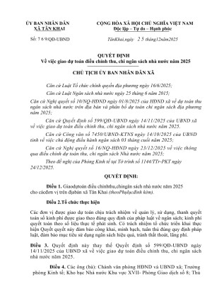 QUYẾT ĐỊNH Về việc giao dự toán điều chỉnh thu, chi ngân sách nhà nước năm 2025