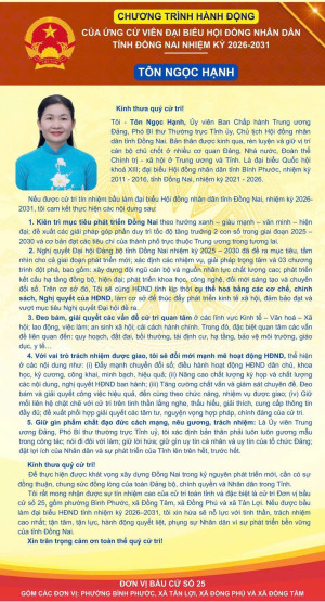 Trân trọng giới thiệu đến cử tri tiểu sử tóm tắt và Chương trình hành động của ứng cử viên Tôn Ngọc Hạnh